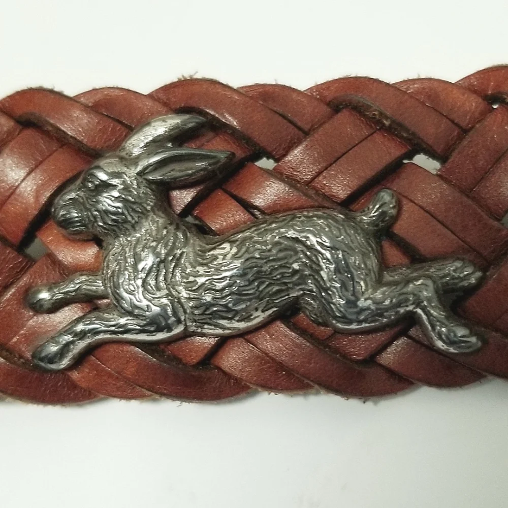 Brighton Vintage 90's Leather Belt Brown Braided Silver-tone Zoo Animals Sz 30